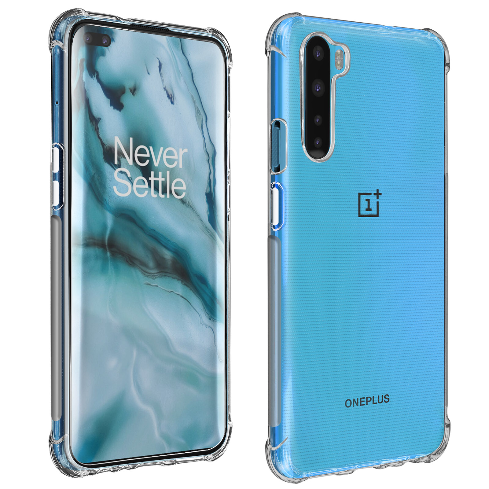 Custodia trasparente per telefono su un telefono blu, vista anteriore e posteriore. La custodia ha un bordo trasparente.