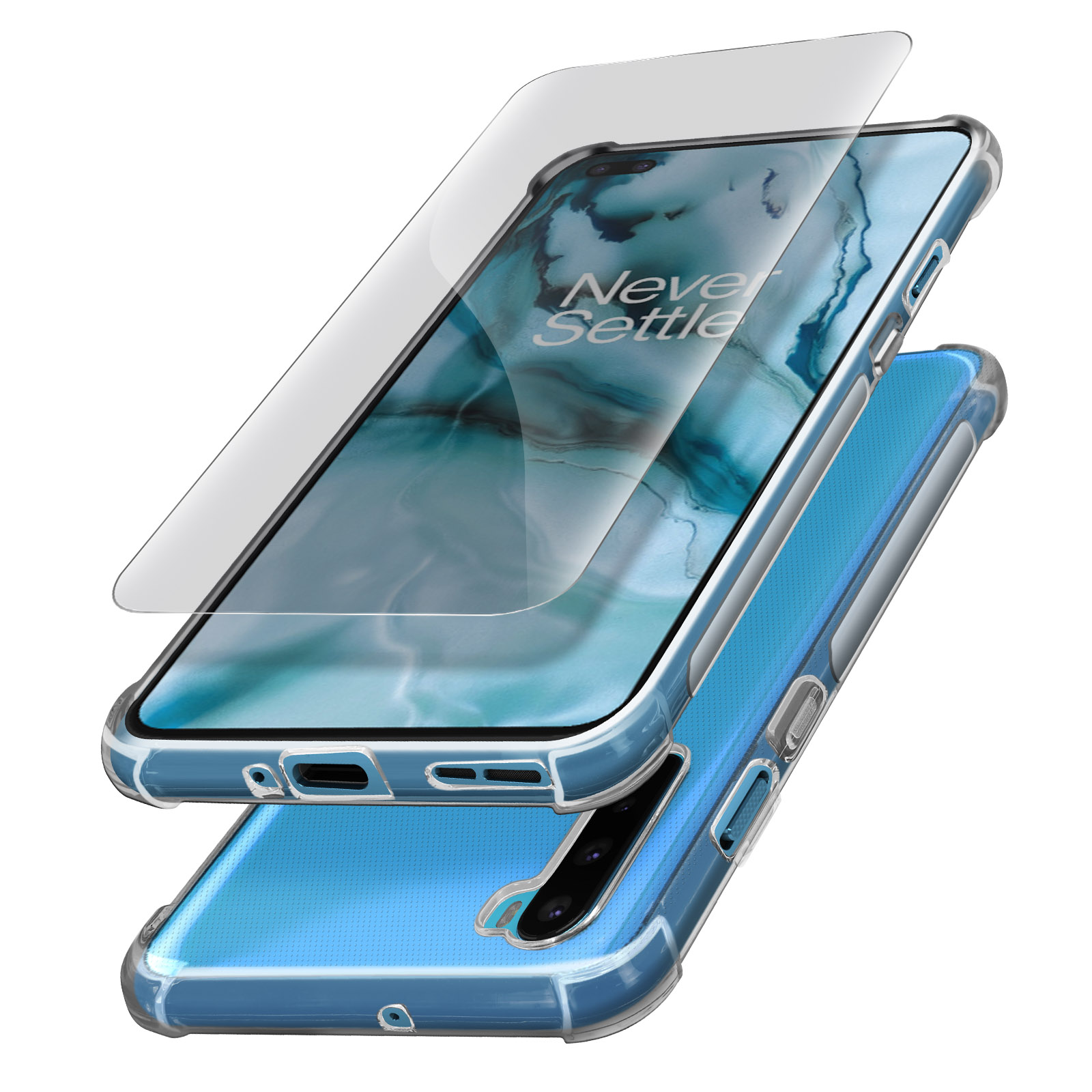 Telefono con protezione schermo e custodia. Il telefono è blu, mostra una custodia trasparente e protezione.