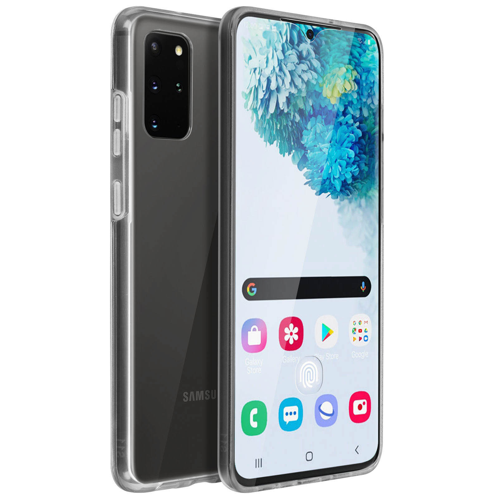 Une coque de téléphone transparente avec un téléphone à l'intérieur sur une surface blanche.