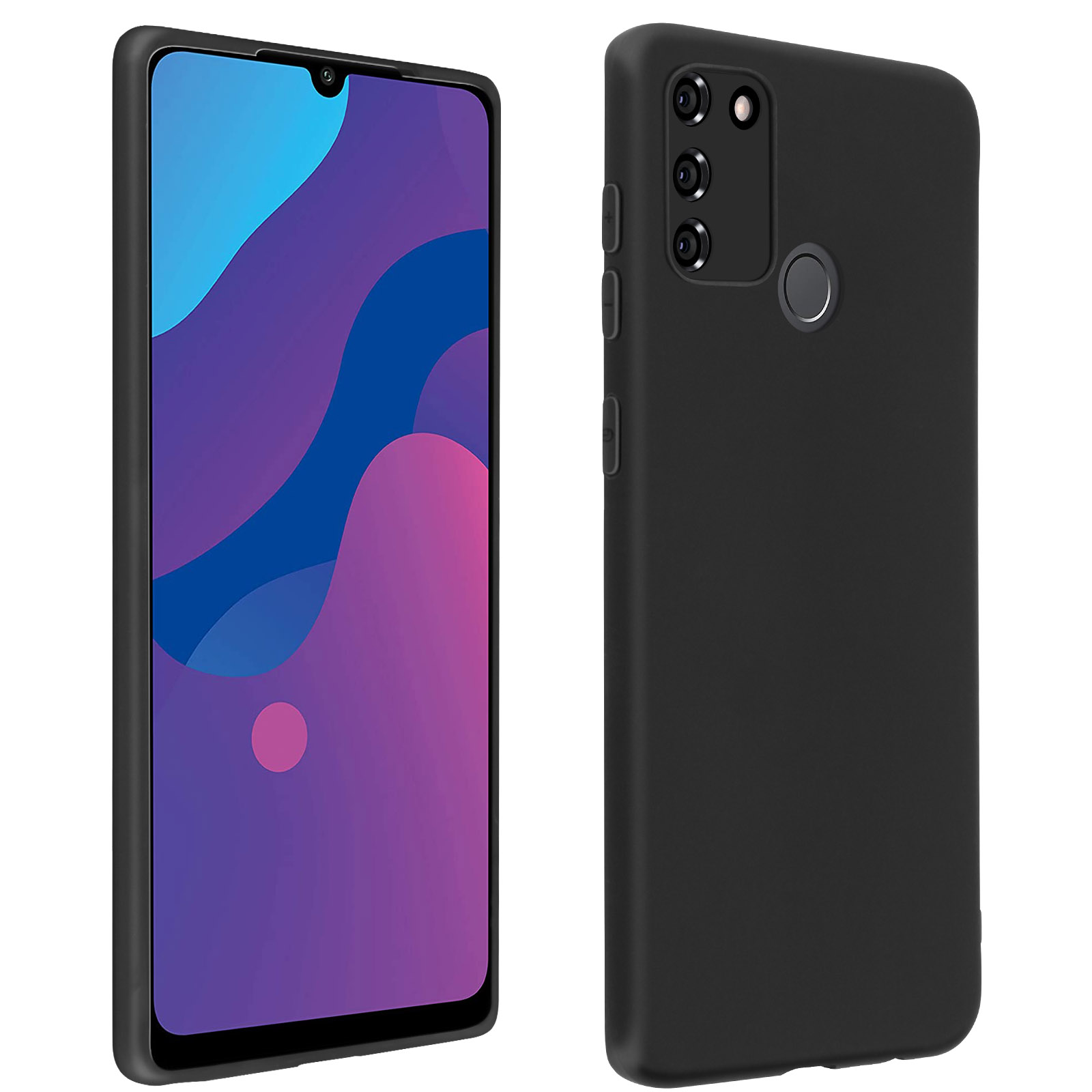 Twee smartphones, één met een zwarte hoes. De andere toont een kleurrijk display.