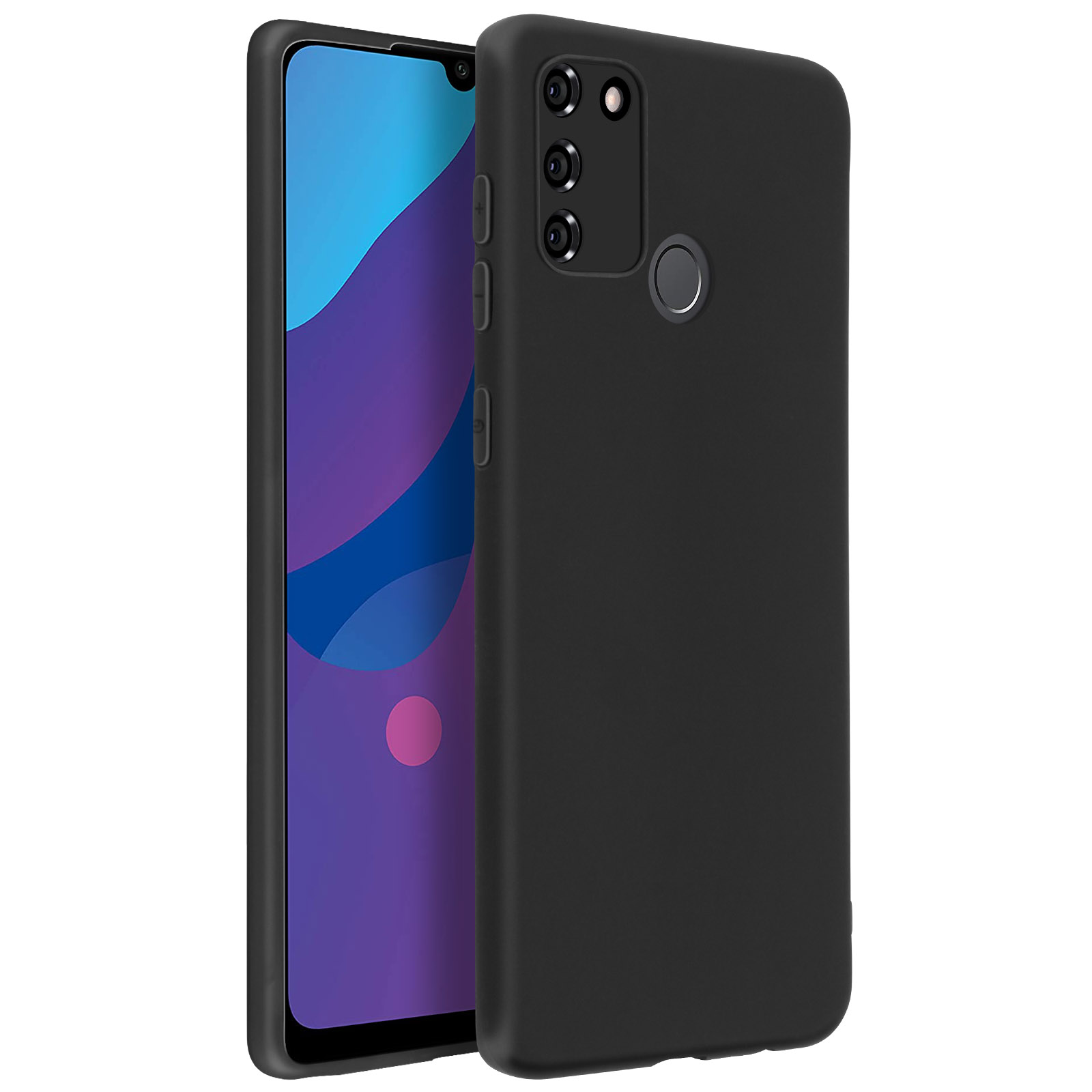 Een zwarte telefoonhoes. De telefoonhoes is effen zwart en heeft een uitsparing voor de camera.