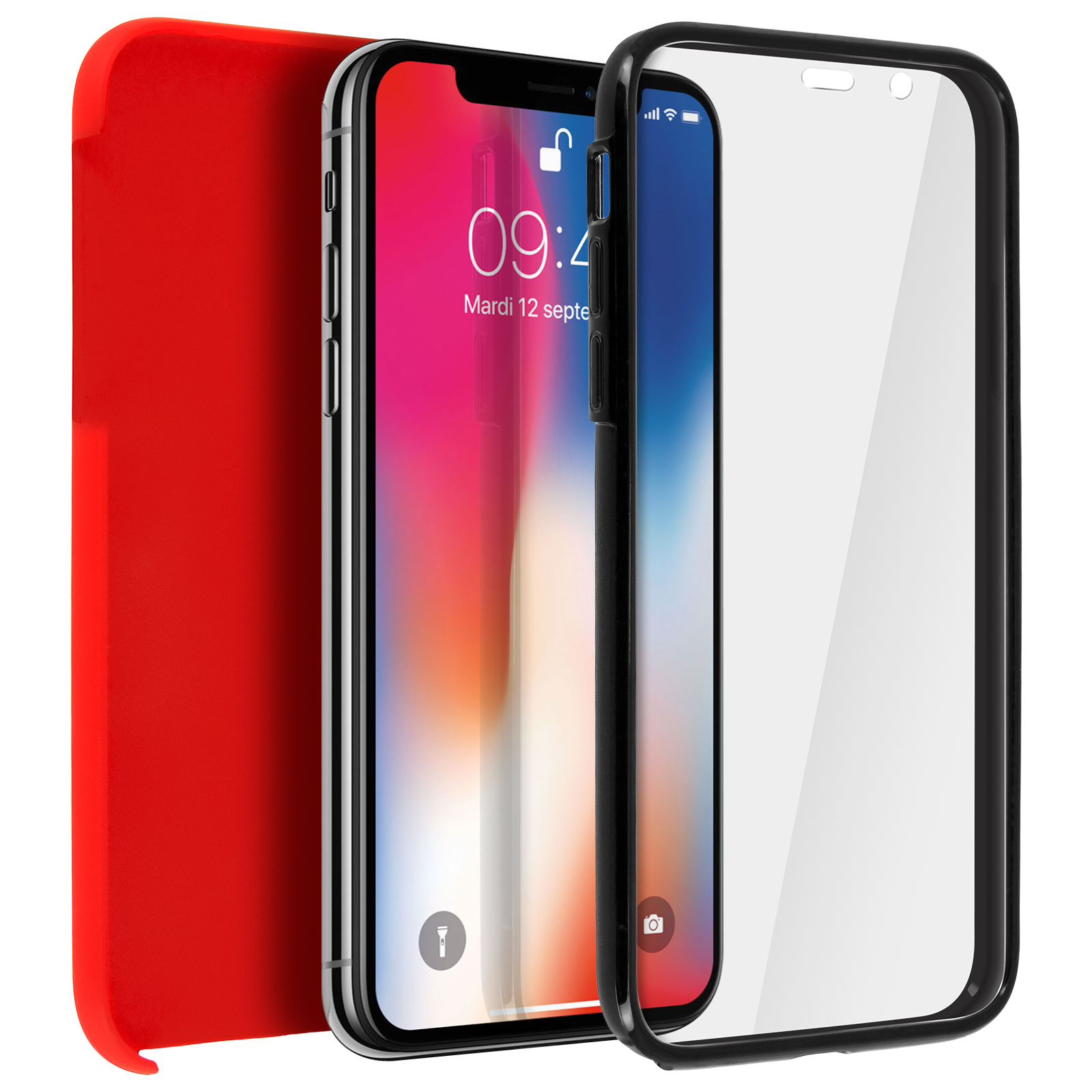 Telefono con protezione schermo e custodia rossa. Lo schermo mostra l'interfaccia del telefono, protezione trasparente.