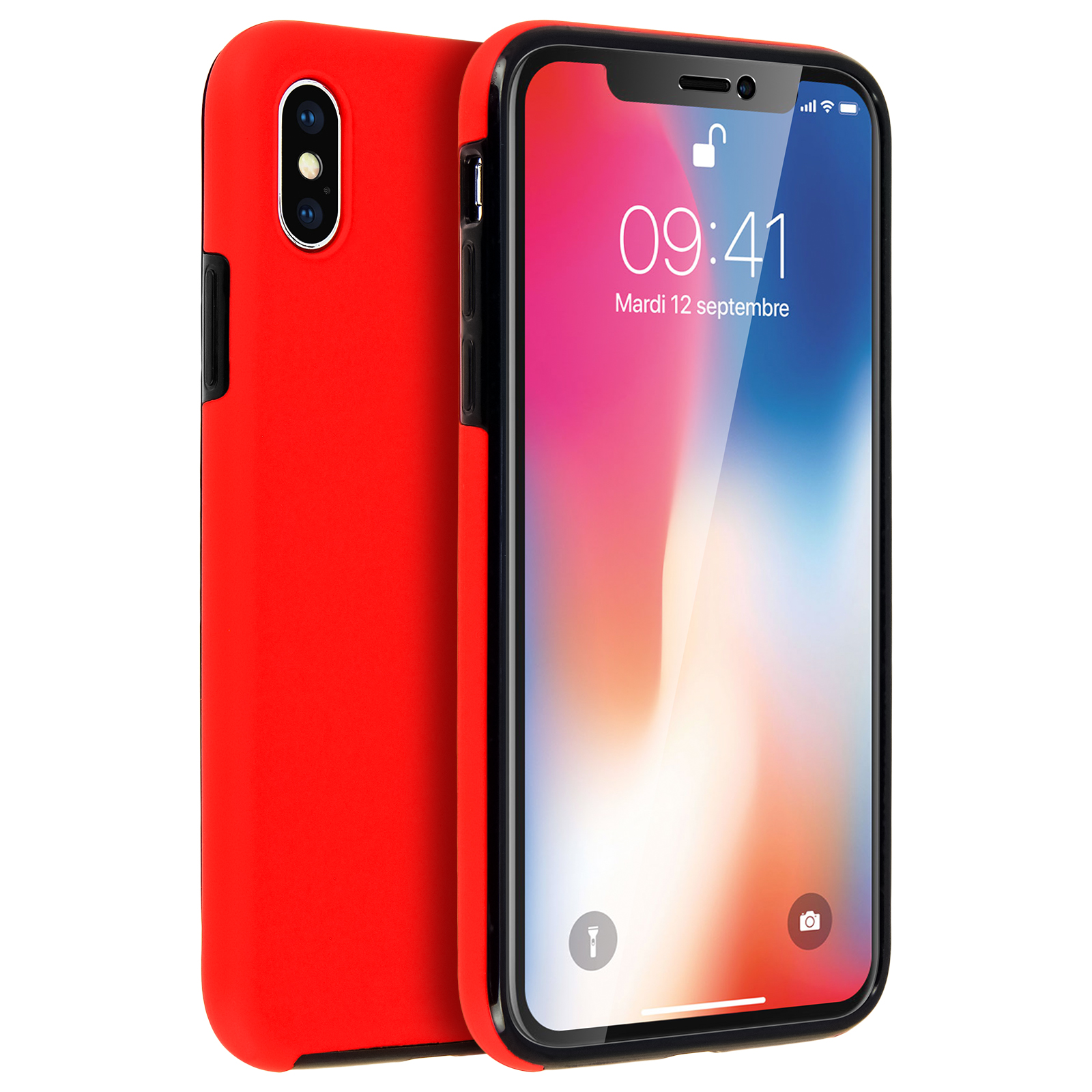 Custodia rossa e un telefono, con lo schermo rivolto verso lo spettatore.