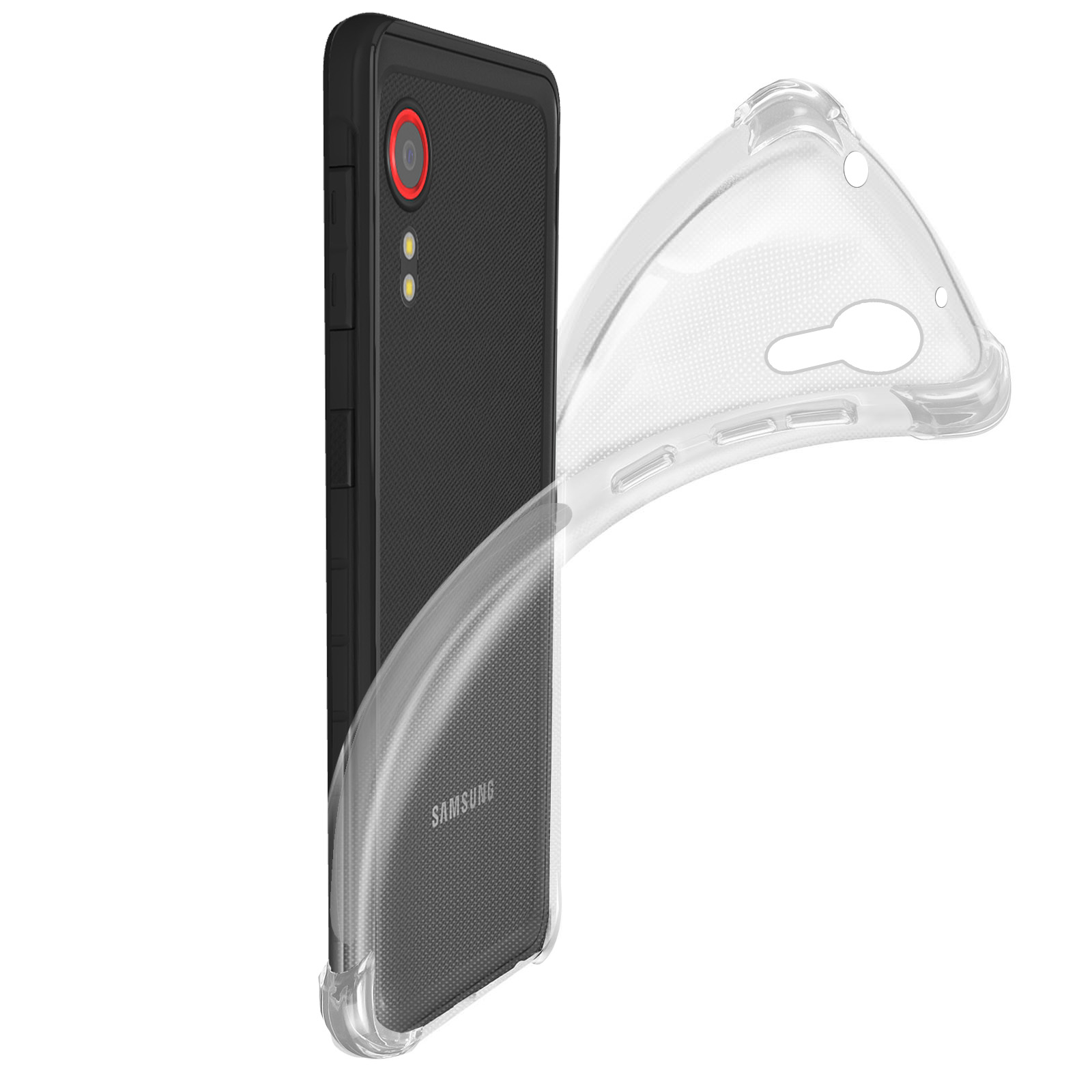 Un telefono nero con una custodia trasparente viene mostrato. La custodia è parzialmente staccata dal telefono.