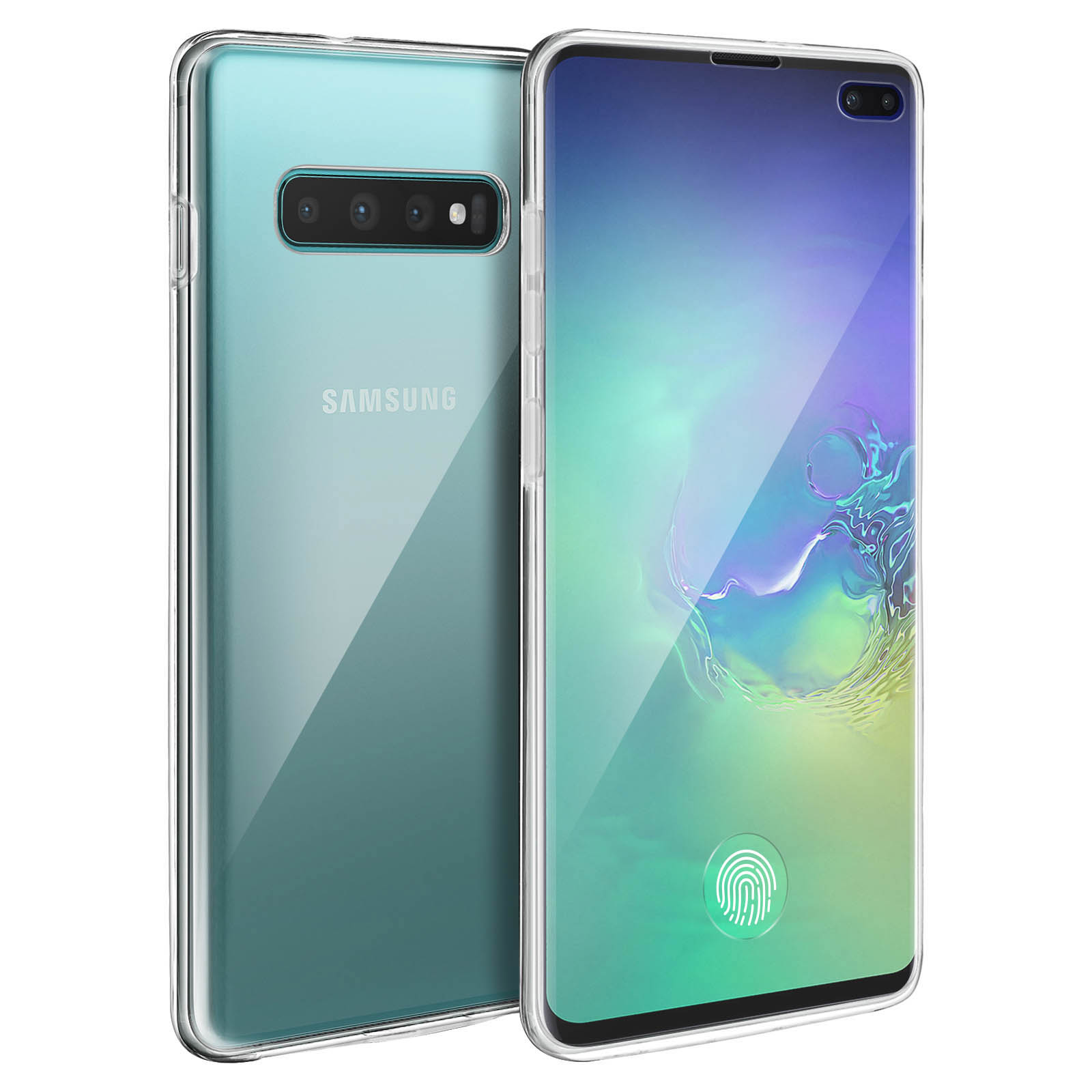 Due telefoni con custodie trasparenti, uno con retro verde, l'altro con schermo con sfondo colorato.
