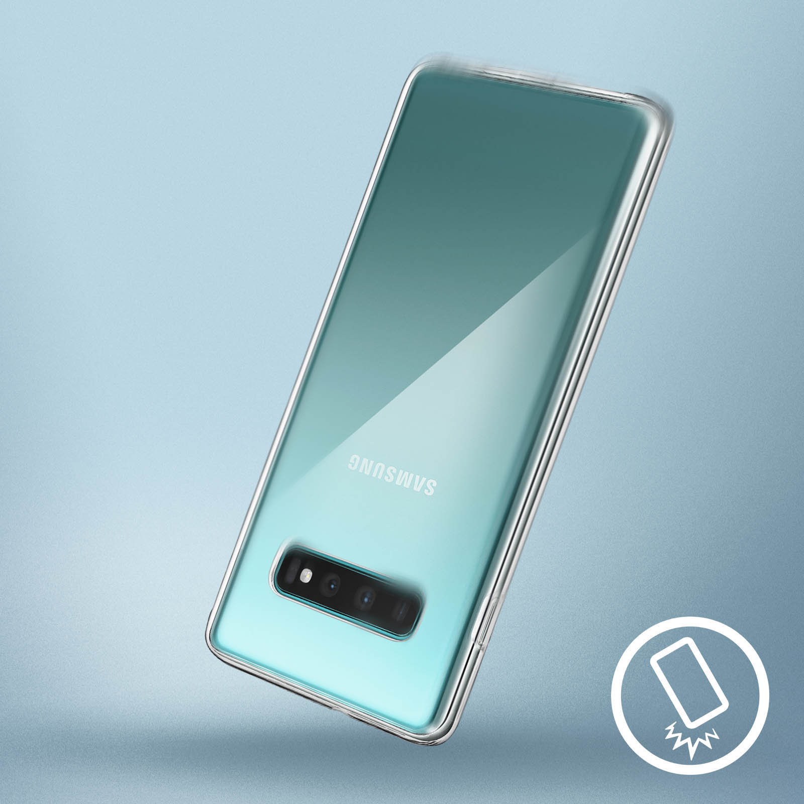 Una custodia trasparente per telefono su sfondo azzurro.