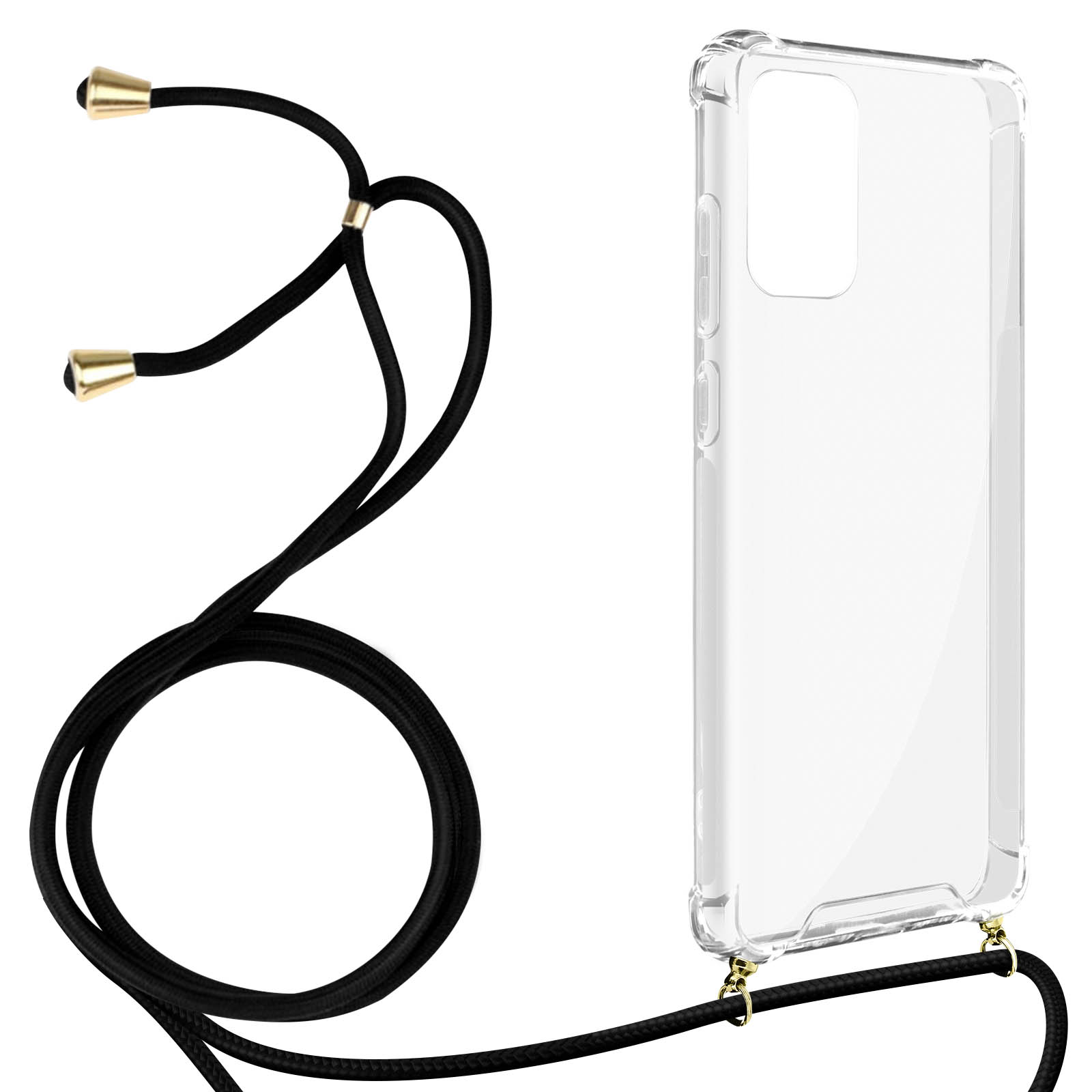 Una custodia trasparente per telefono con un cordino nero. Il cordino ha elementi color oro. La custodia è vuota.