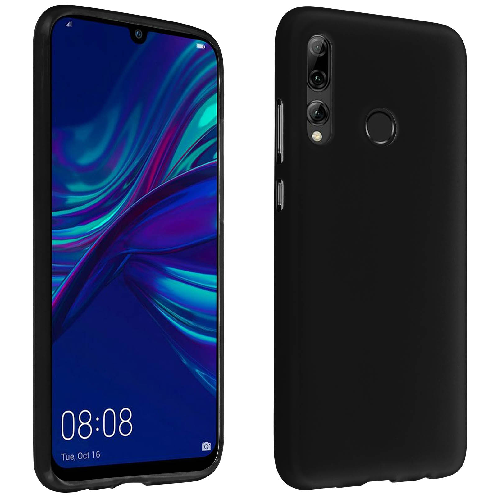Telefono nero in custodia nera. Mostra schermo con design a vortice blu.