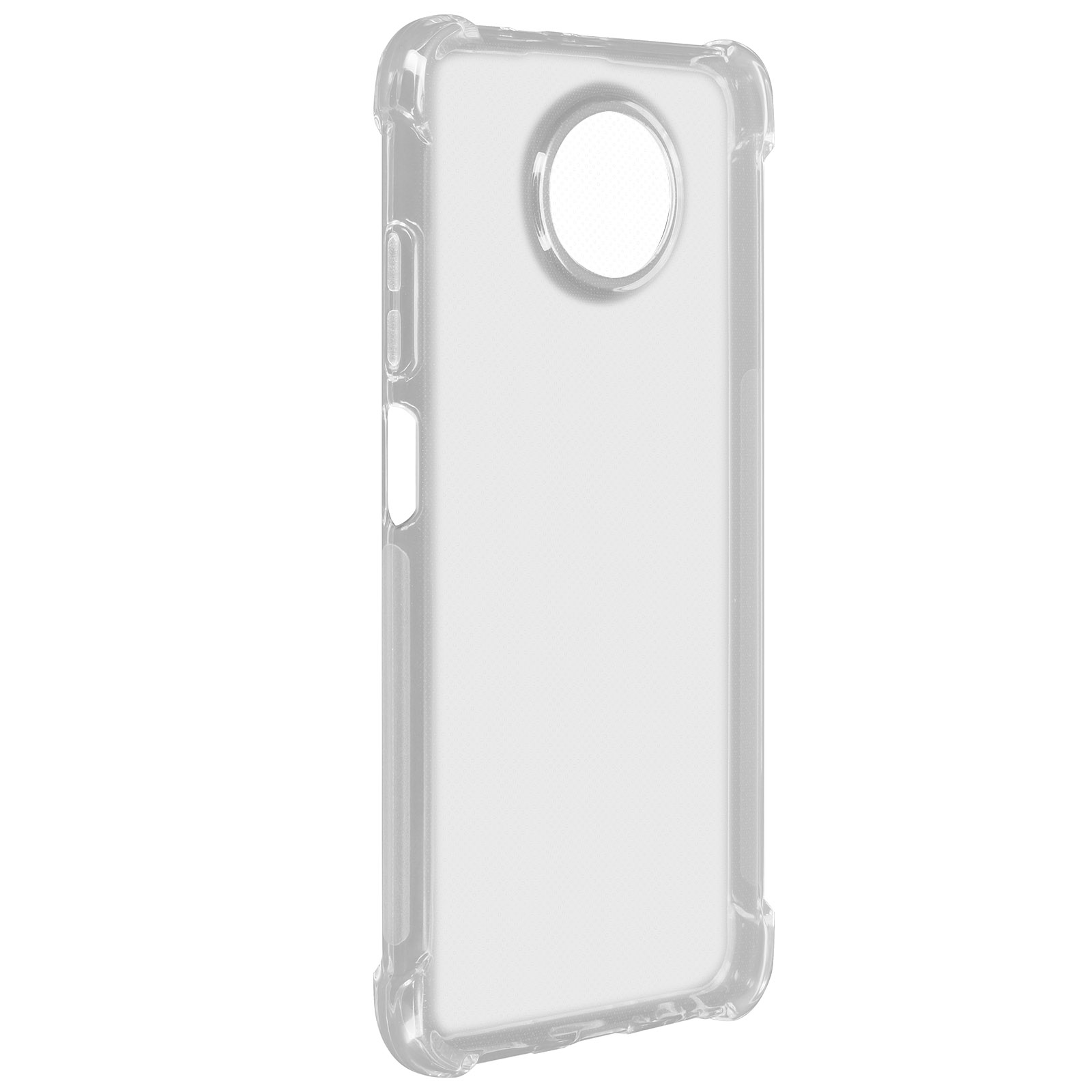 Custodia trasparente per telefono su sfondo bianco. La custodia ha bordi arrotondati e un ritaglio per la fotocamera.