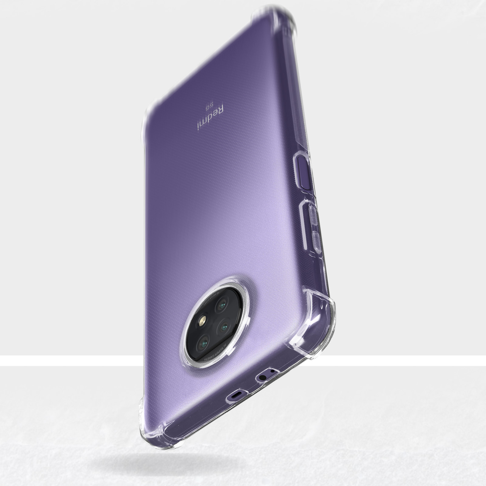Una custodia per telefono viola con bordo trasparente, in piedi su una superficie bianca.