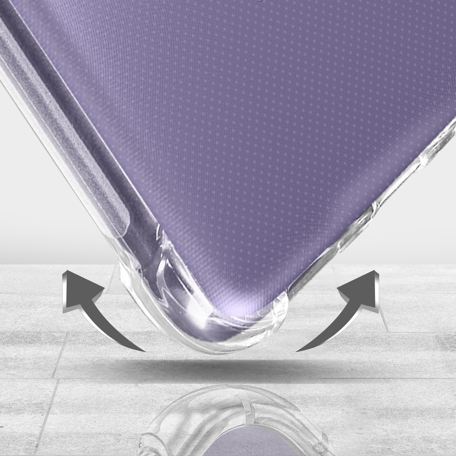 Custodia trasparente con frecce. La custodia è su una superficie viola.