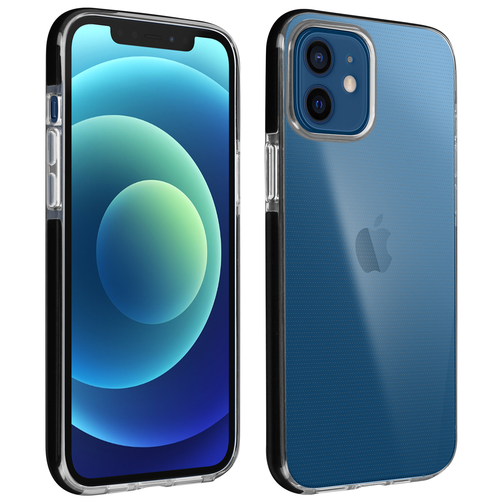 Due telefoni in custodie trasparenti, uno con schermo blu e logo Apple.