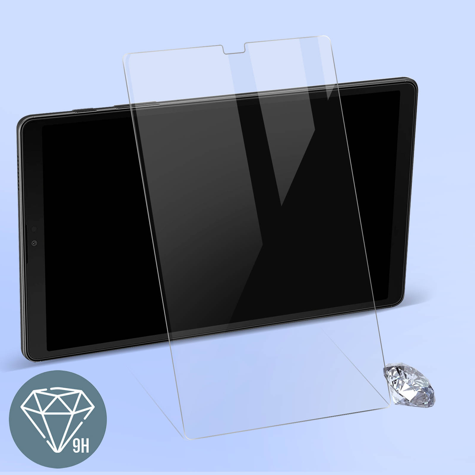 Tablet con protezione schermo. Icona diamante mostra 9H. Sfondo azzurro.