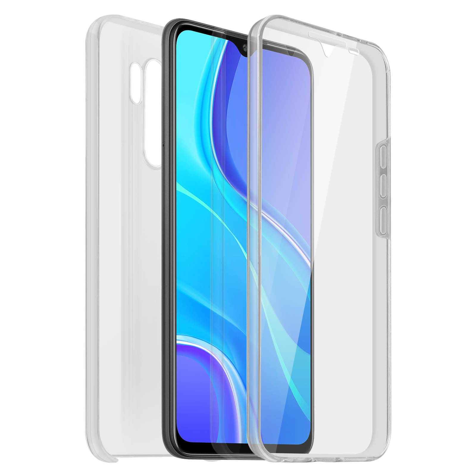 Un téléphone est dans un étui transparent. Un protecteur d'écran à droite, les parties de l'étui à gauche.