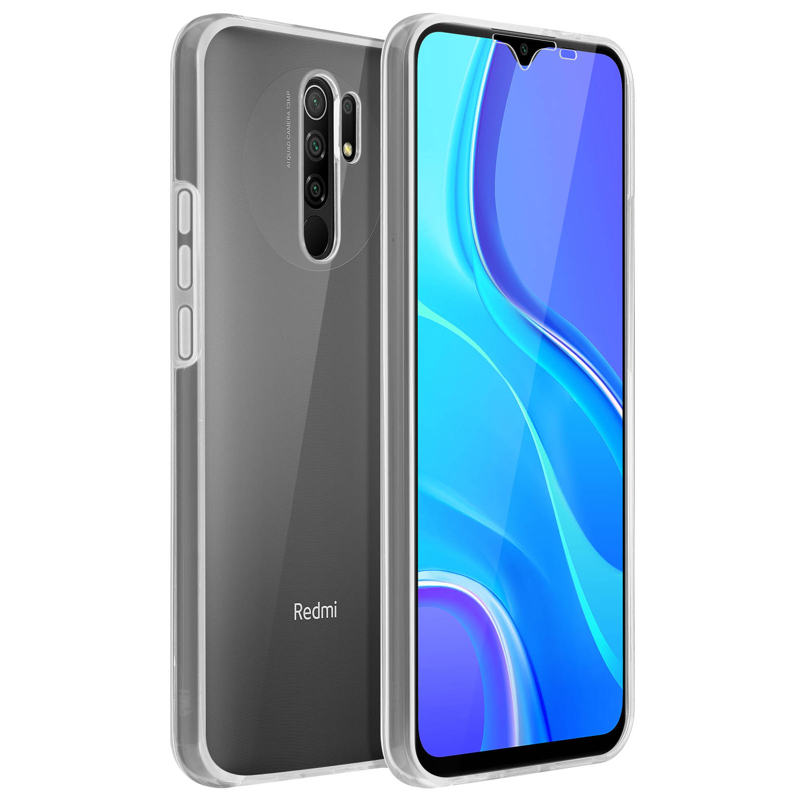 Téléphone dans une coque transparente. Le téléphone affiche un écran bleu et une coque transparente.