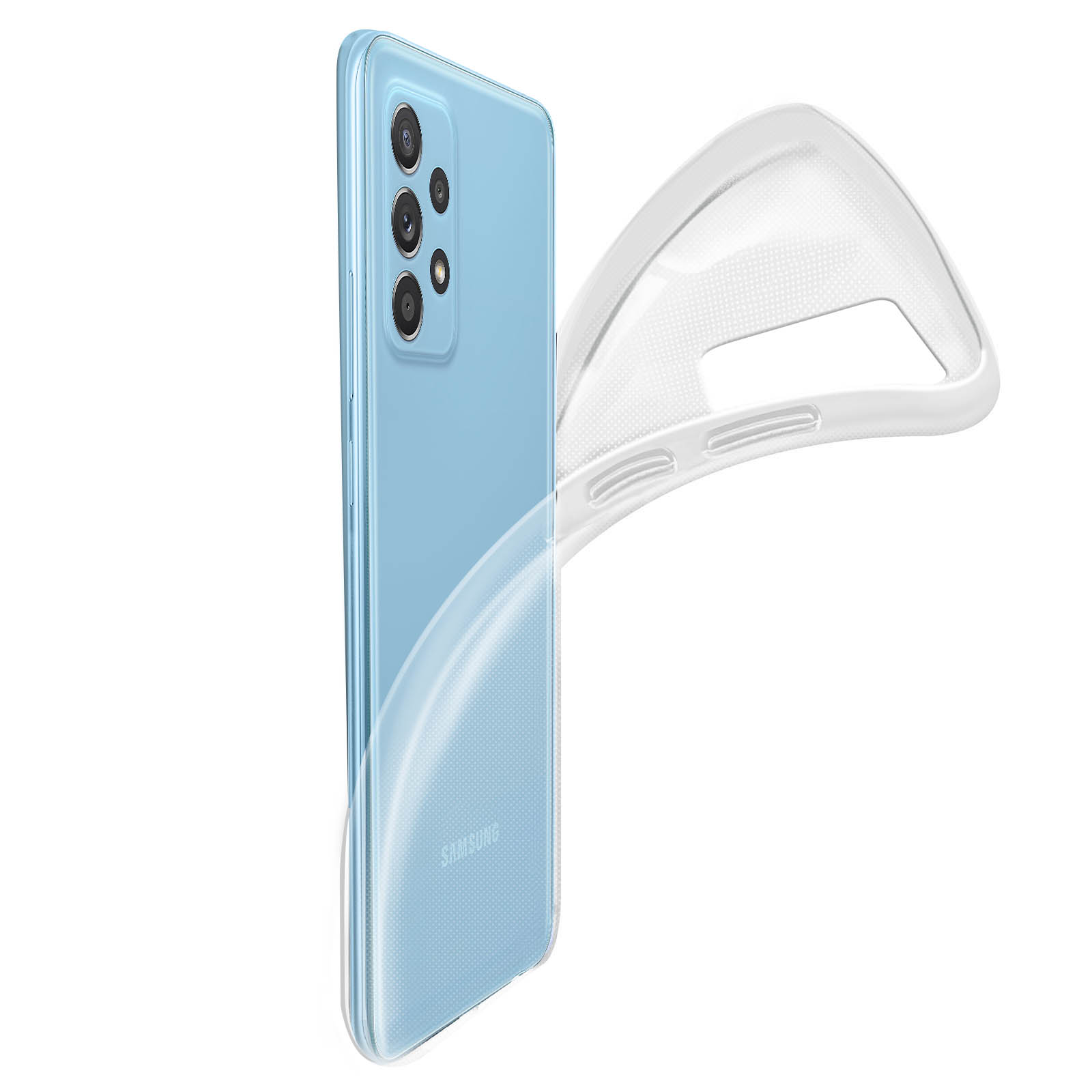 Telefono blu con custodia trasparente, sfondo bianco.