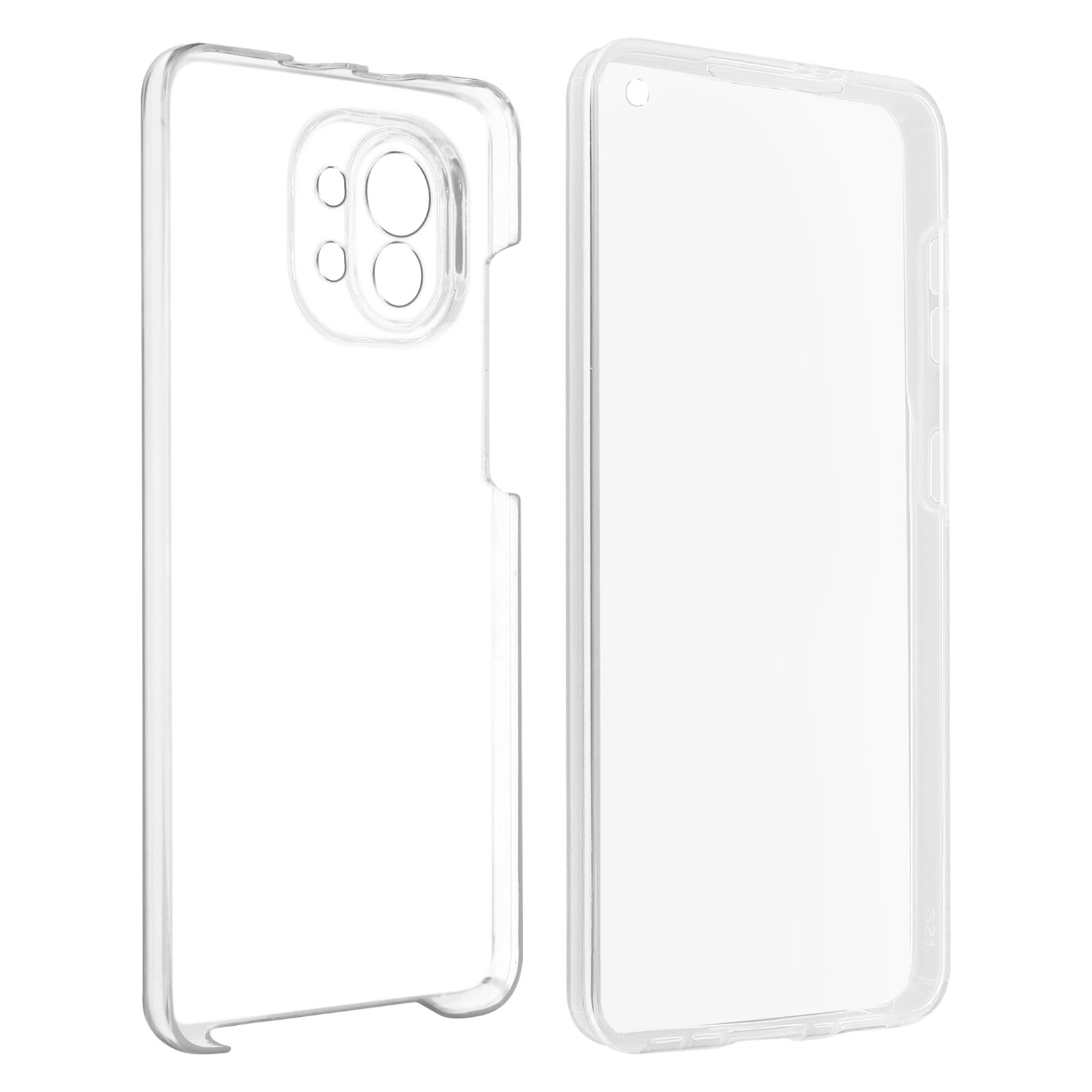 Due custodie trasparenti per telefono, una con ritagli per la fotocamera, sono mostrate su uno sfondo bianco.