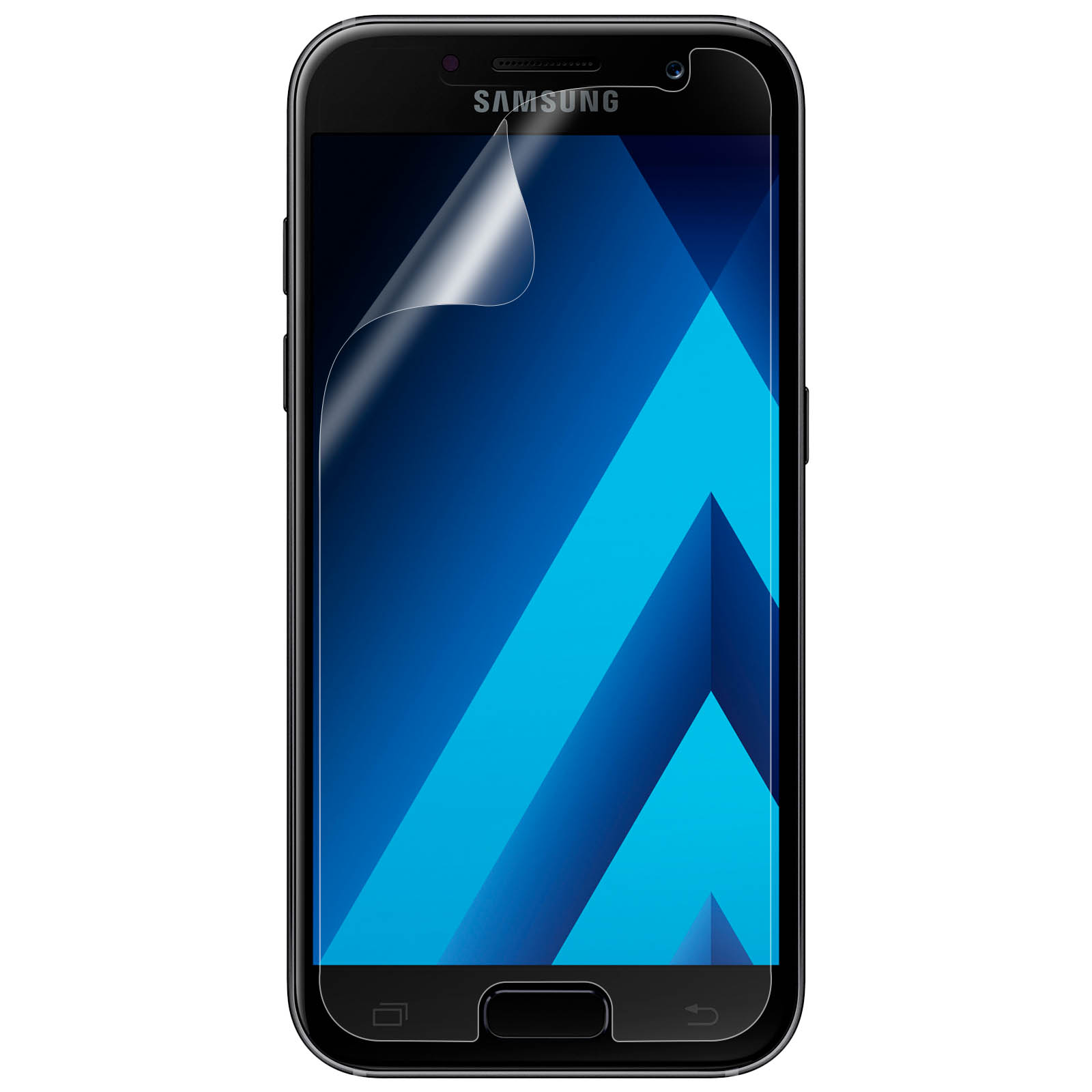 Un teléfono inteligente negro con un protector de pantalla aplicado. La pantalla muestra un patrón abstracto azul y blanco.