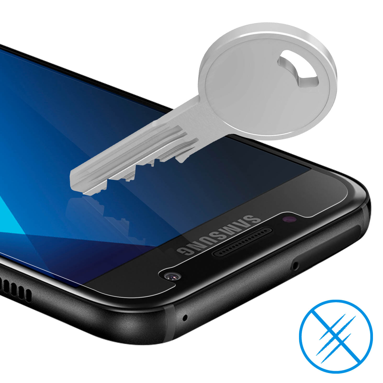 Teléfono con protector de pantalla y llave. Llave sobre el protector.