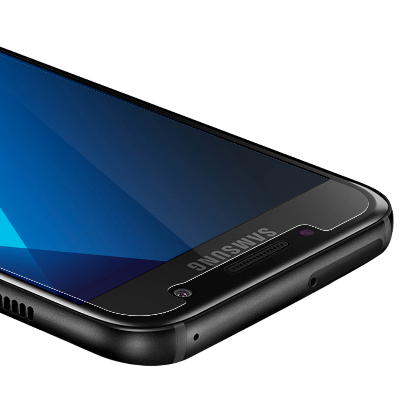 Primer plano de un teléfono con marco negro y pantalla azul. La marca SAMSUNG es visible.