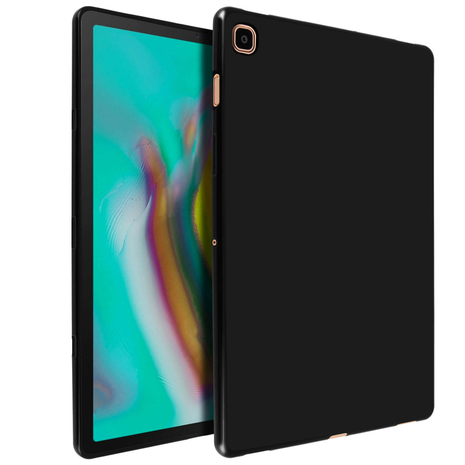 Schwarzes Tablet in schwarzer Hülle. Kamera und Seitentasten sichtbar.