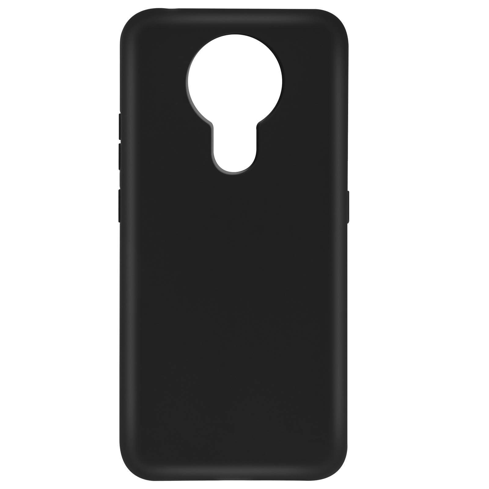 Custodia per telefono nera con ritaglio per fotocamera e foro a forma di goccia. Sfondo bianco.