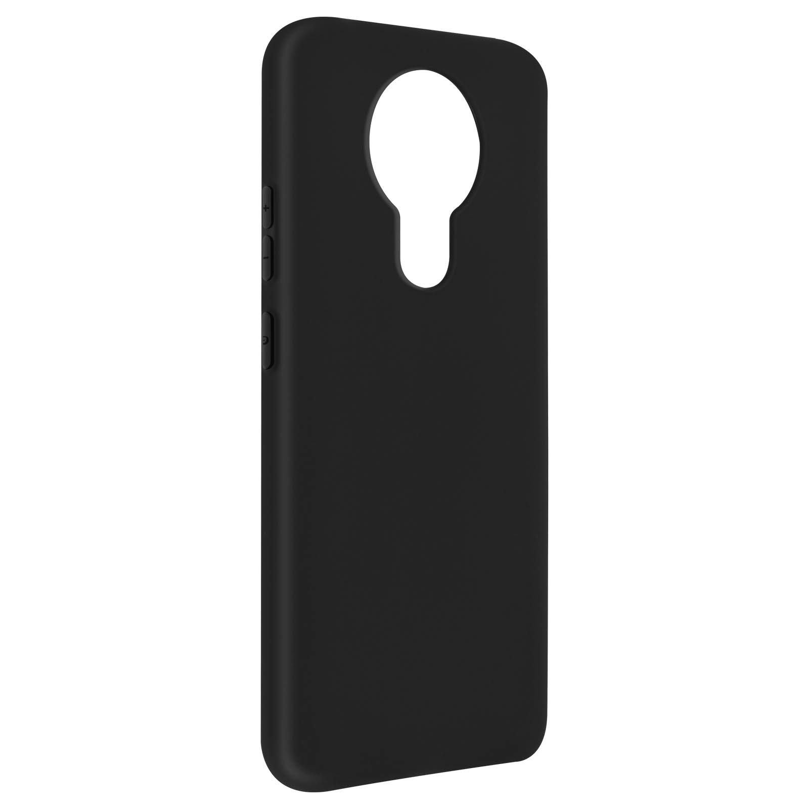 Custodia per telefono nera con un grande foro per la fotocamera e pulsanti laterali. La custodia è su sfondo bianco.