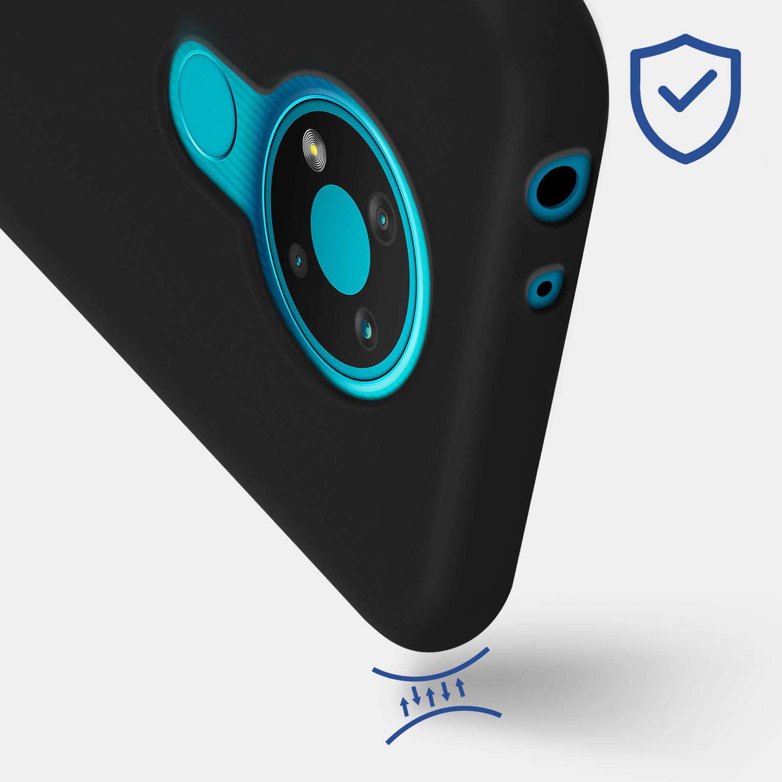 Custodia nera con anello fotocamera blu, con simbolo di protezione.