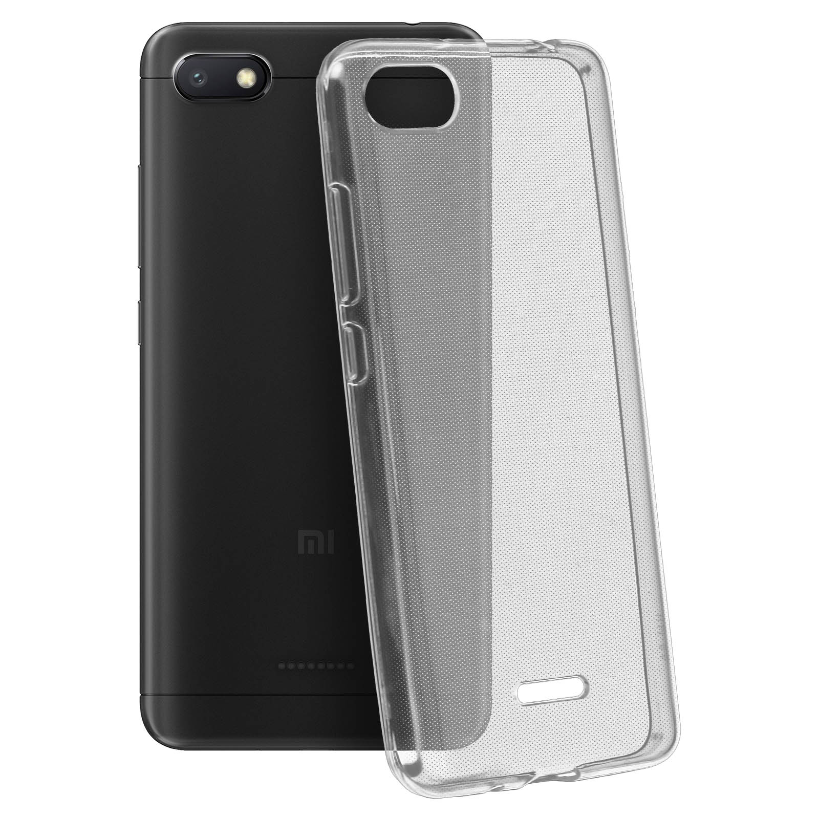 Smartphone nero con custodia trasparente, che mostra il retro del telefono e la custodia accanto.