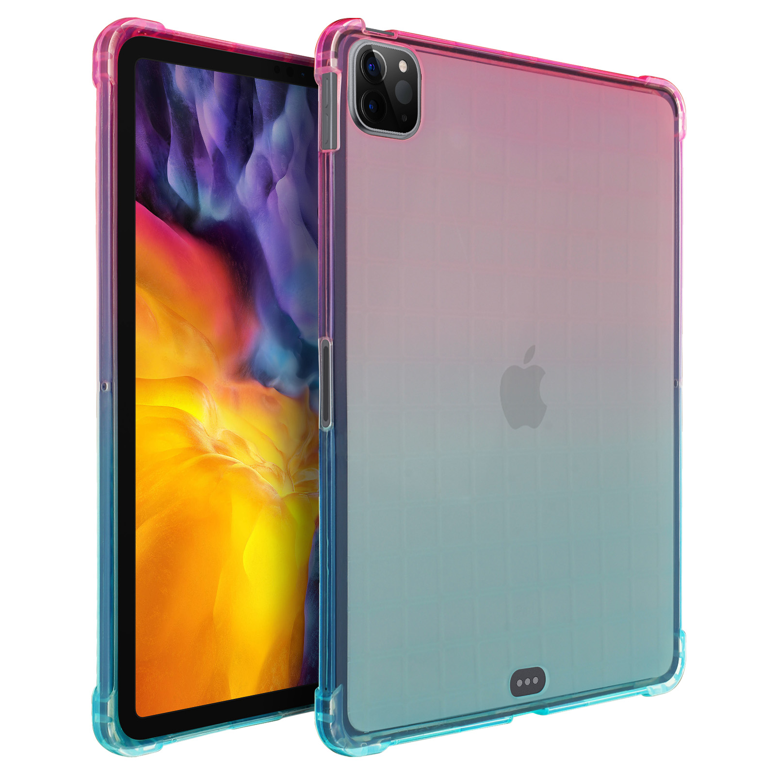 Ein iPad in einer Hülle mit Farbverlauf, blau zu rosa. Apple-Logo ist auf der Rückseite sichtbar.