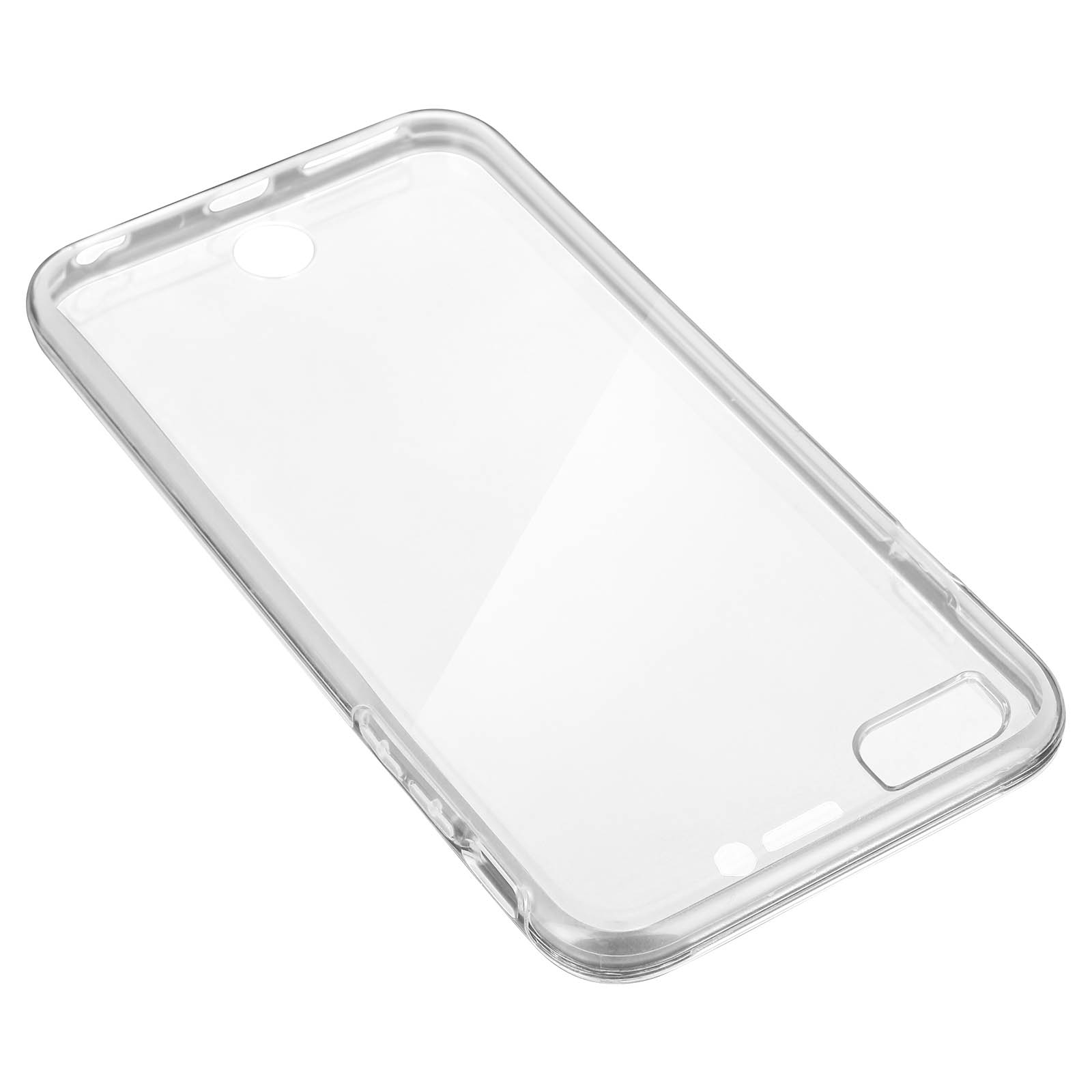 Eine klare, transparente Handyhülle, von oben gesehen, mit Aussparungen für Tasten und Kamera.