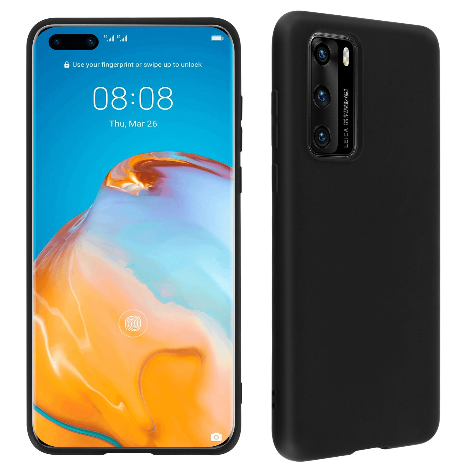 Uno smartphone con schermo acceso e una custodia nera a destra.