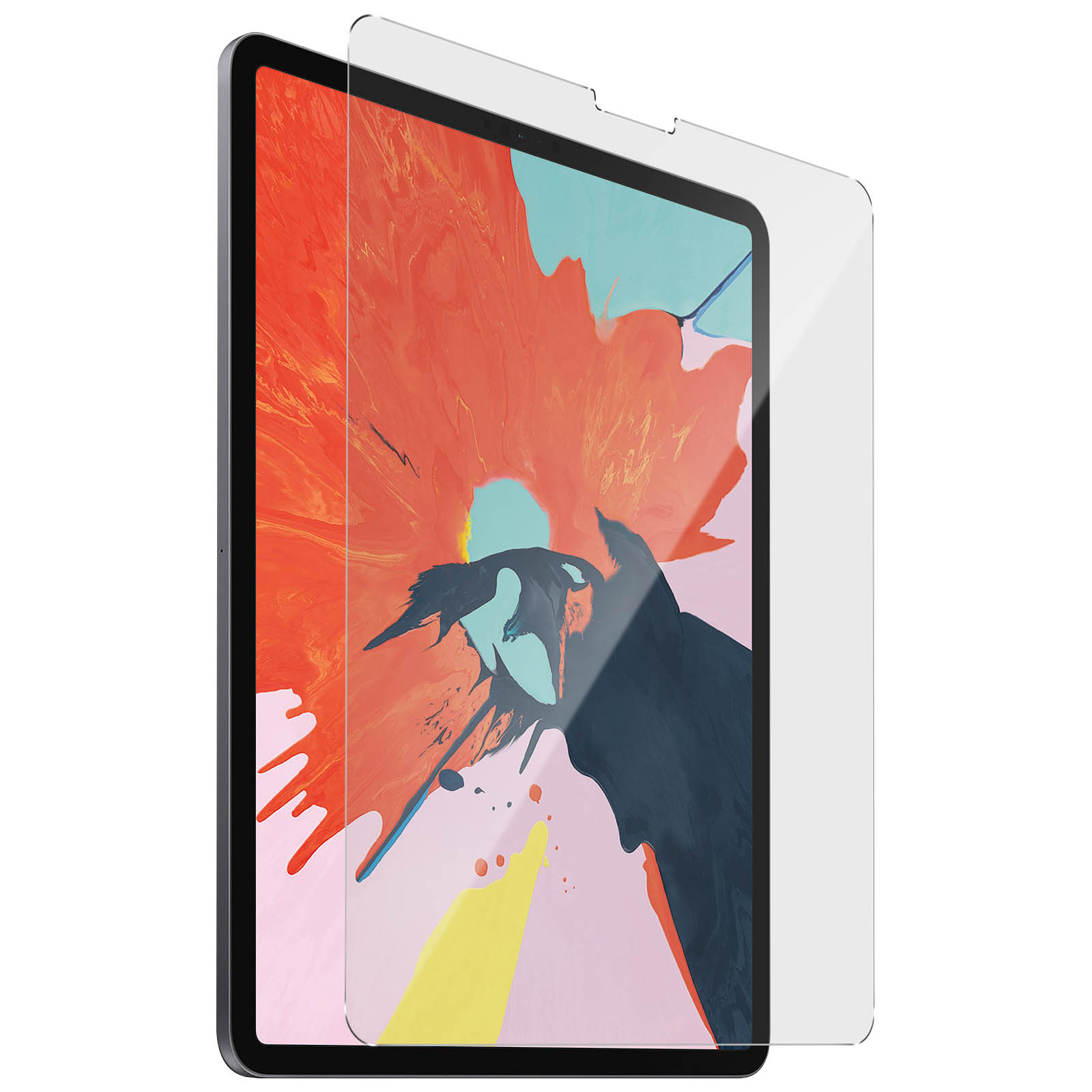 Tablet con protezione schermo trasparente. Lo schermo mostra un design astratto e colorato.