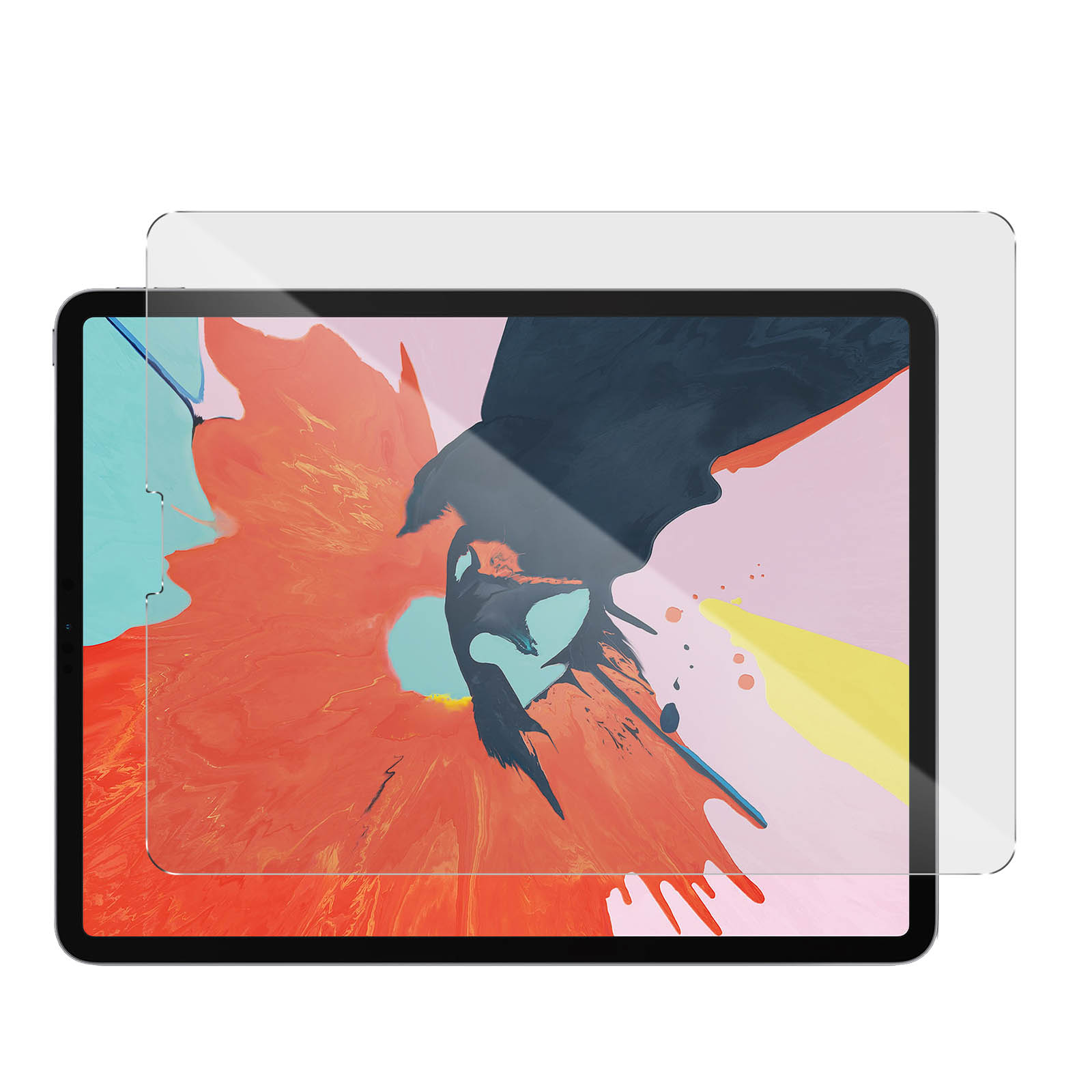 Tablet con protezione schermo applicata, che mostra un'opera d'arte astratta colorata.