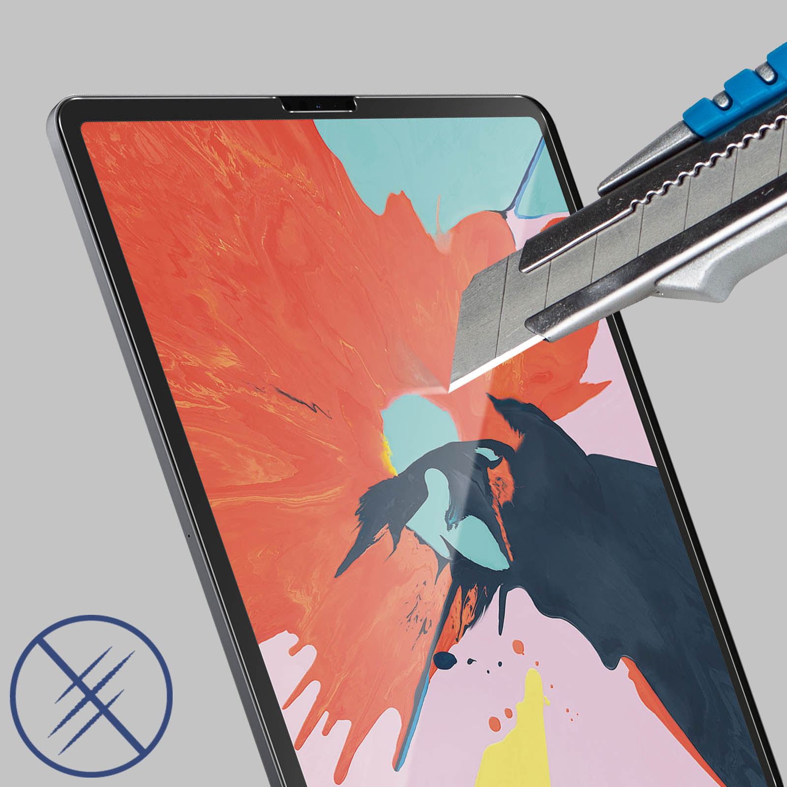 Tablet con schermo colorato tagliato da un taglierino. Simbolo antigraffio nell'angolo.