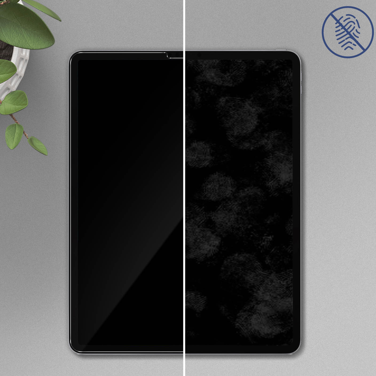Schermo del telefono che mostra impronte digitali a destra e un lato sinistro pulito. Lo sfondo è grigio.