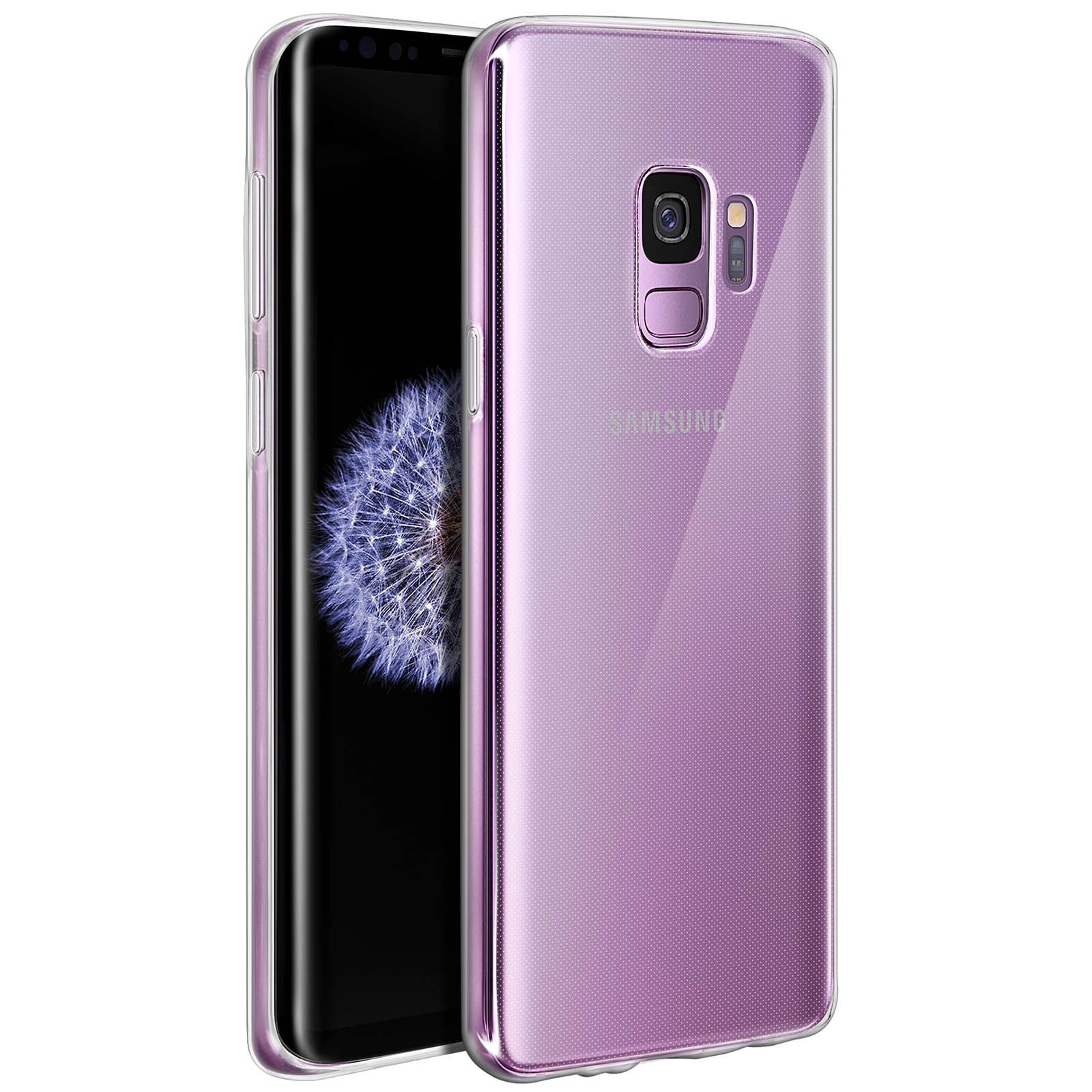 Custodia viola su un telefono. Schermo del telefono visibile. La custodia è trasparente con motivo a pois.