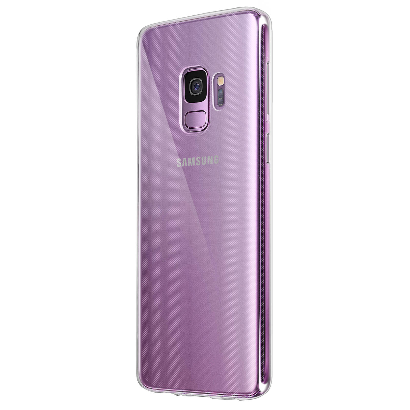 Telefono viola con custodia trasparente, vista posteriore, logo Samsung visibile, su una superficie.