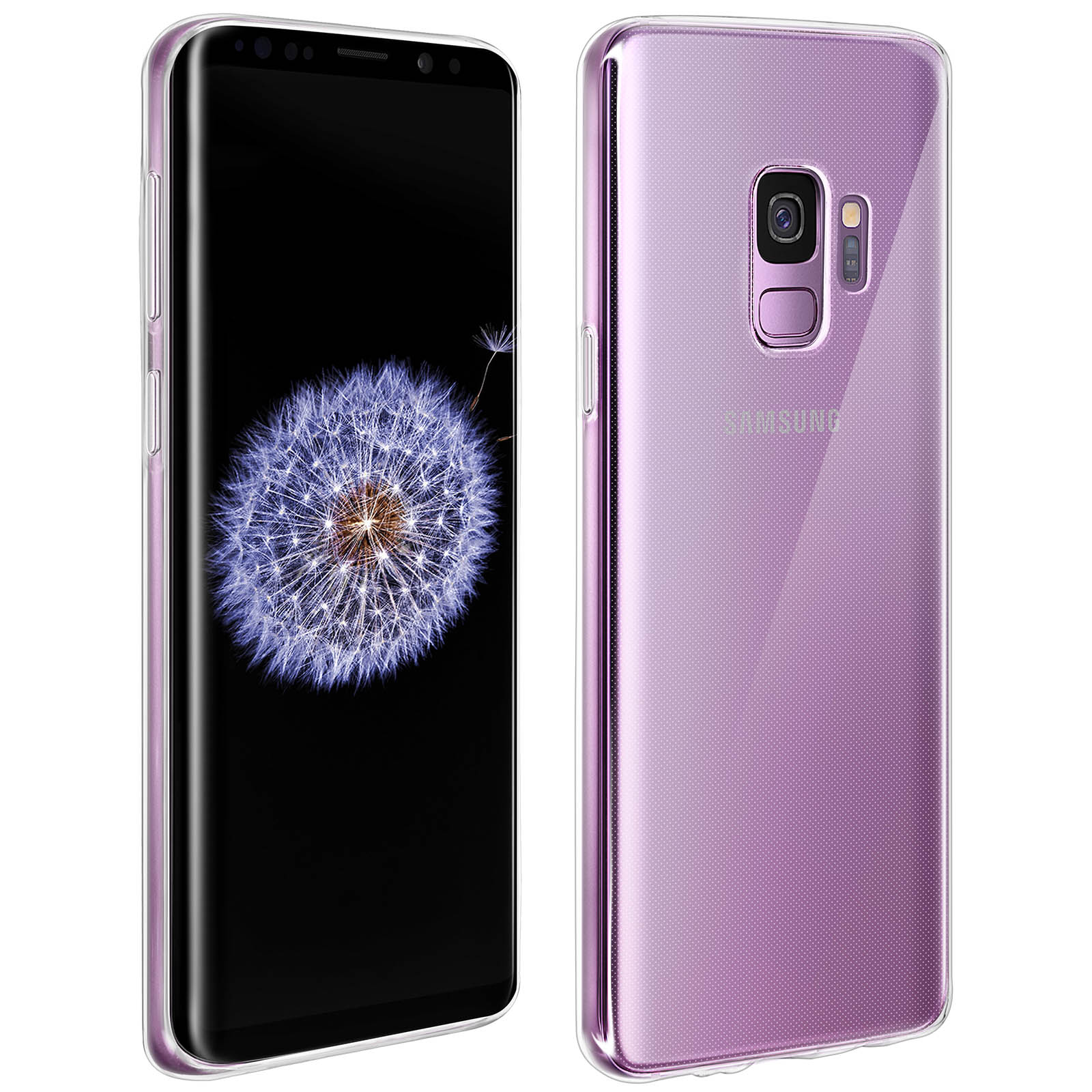 Un telefono con una custodia trasparente. Il telefono è nero con una sfumatura viola nella custodia.
