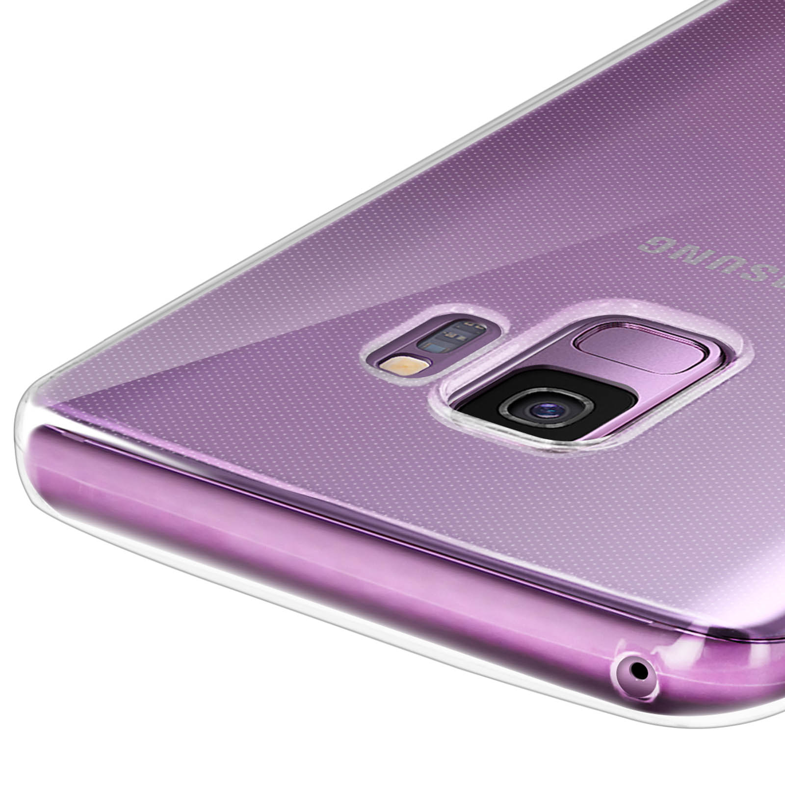 Un telefono con retro viola e custodia trasparente è visto in prospettiva. Il logo Samsung è visibile.