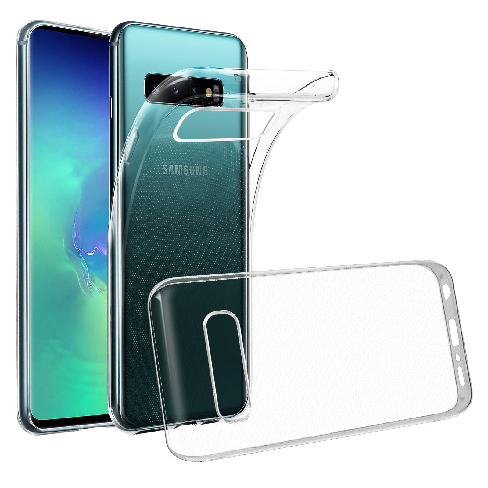 Due telefoni e una custodia trasparente. Un telefono è nella custodia, l'altro è accanto. Sfondo grigio.