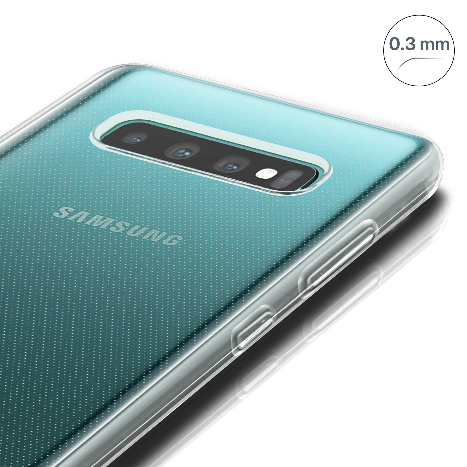 Custodia trasparente su un telefono. Il telefono è blu e ha una tripla fotocamera. Il logo Samsung è visibile.