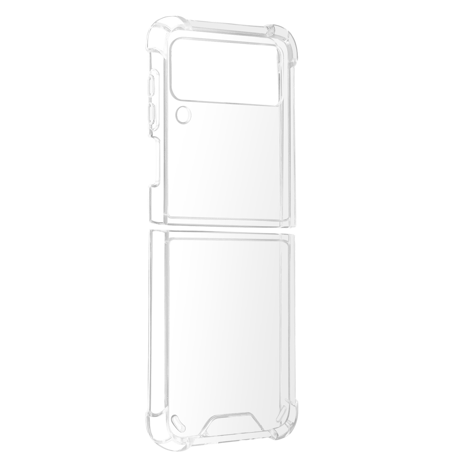 Custodia trasparente per telefono, piegata. Plastica trasparente, con fori e bordi. Sfondo bianco.
