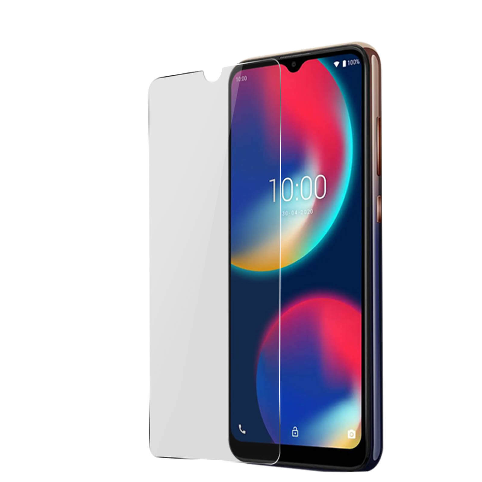 Telefoon met schermbeschermer aangebracht. Telefoon toont een kleurrijk scherm. Transparante schermbeschermer is zichtbaar.