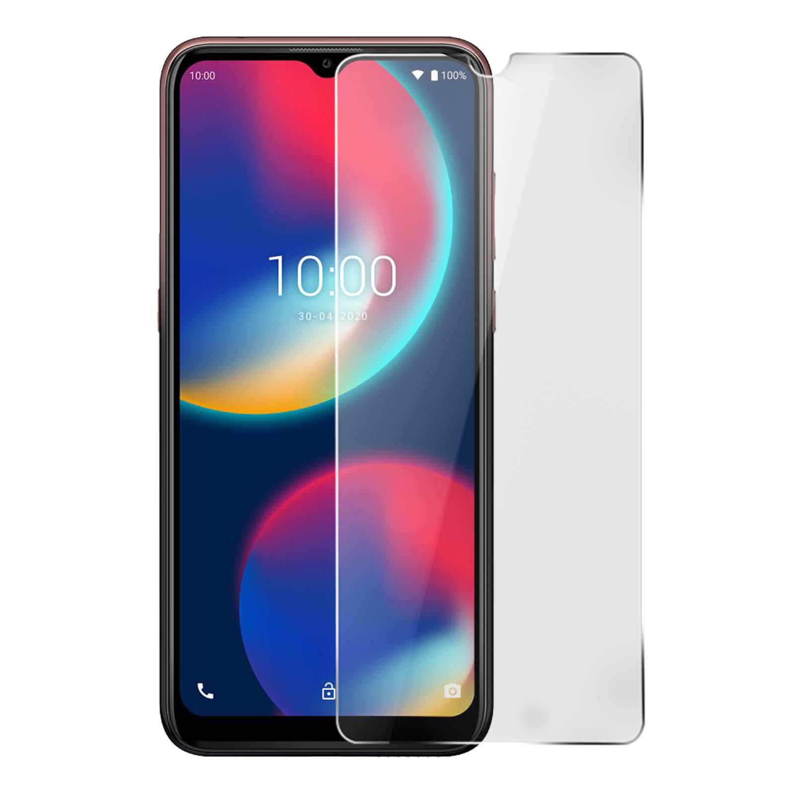 Smartphone avec protecteur d'écran. Le téléphone affiche l'heure et a un écran verrouillé.