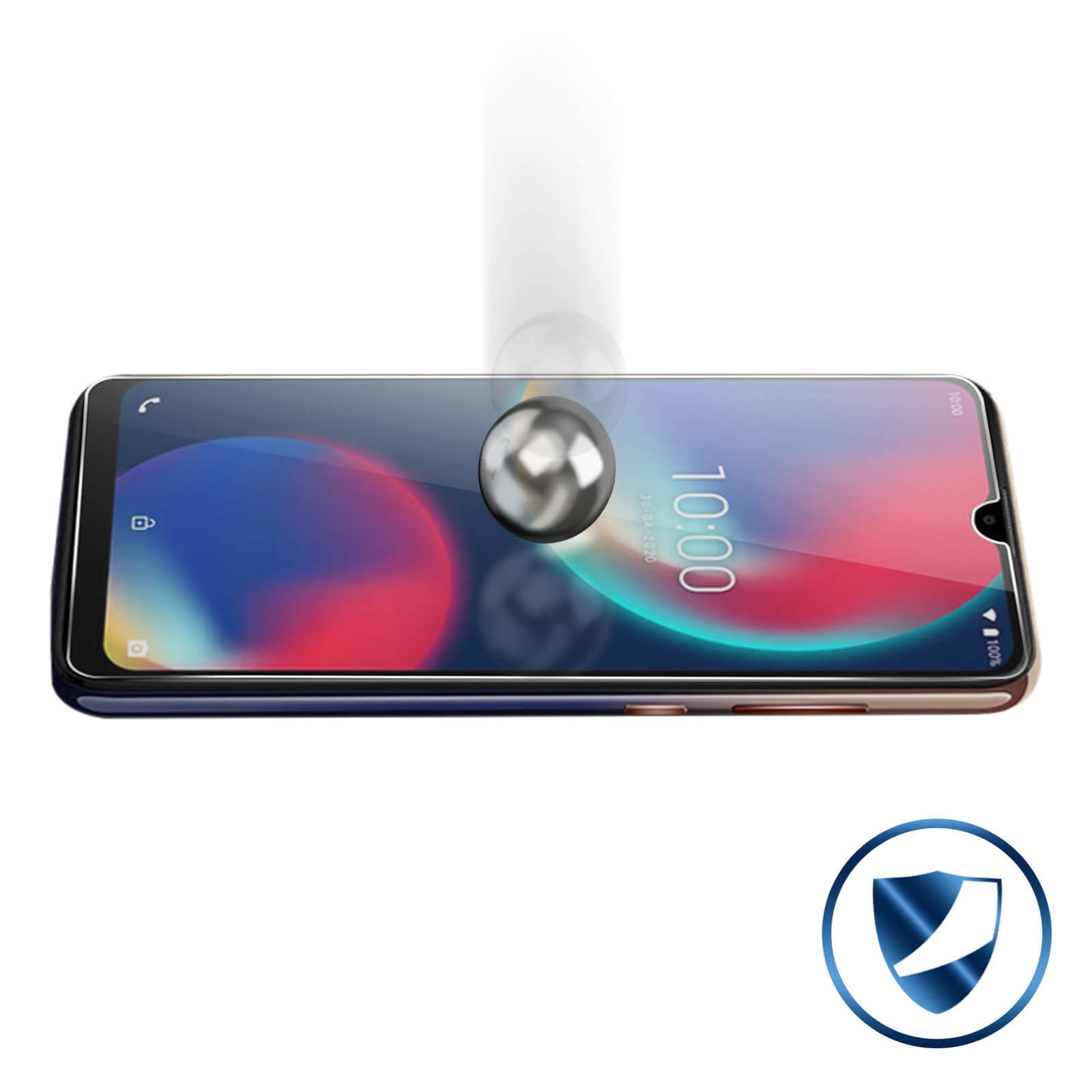 Écran de téléphone avec protecteur en verre testé. Une boule métallique est lâchée sur l'écran.