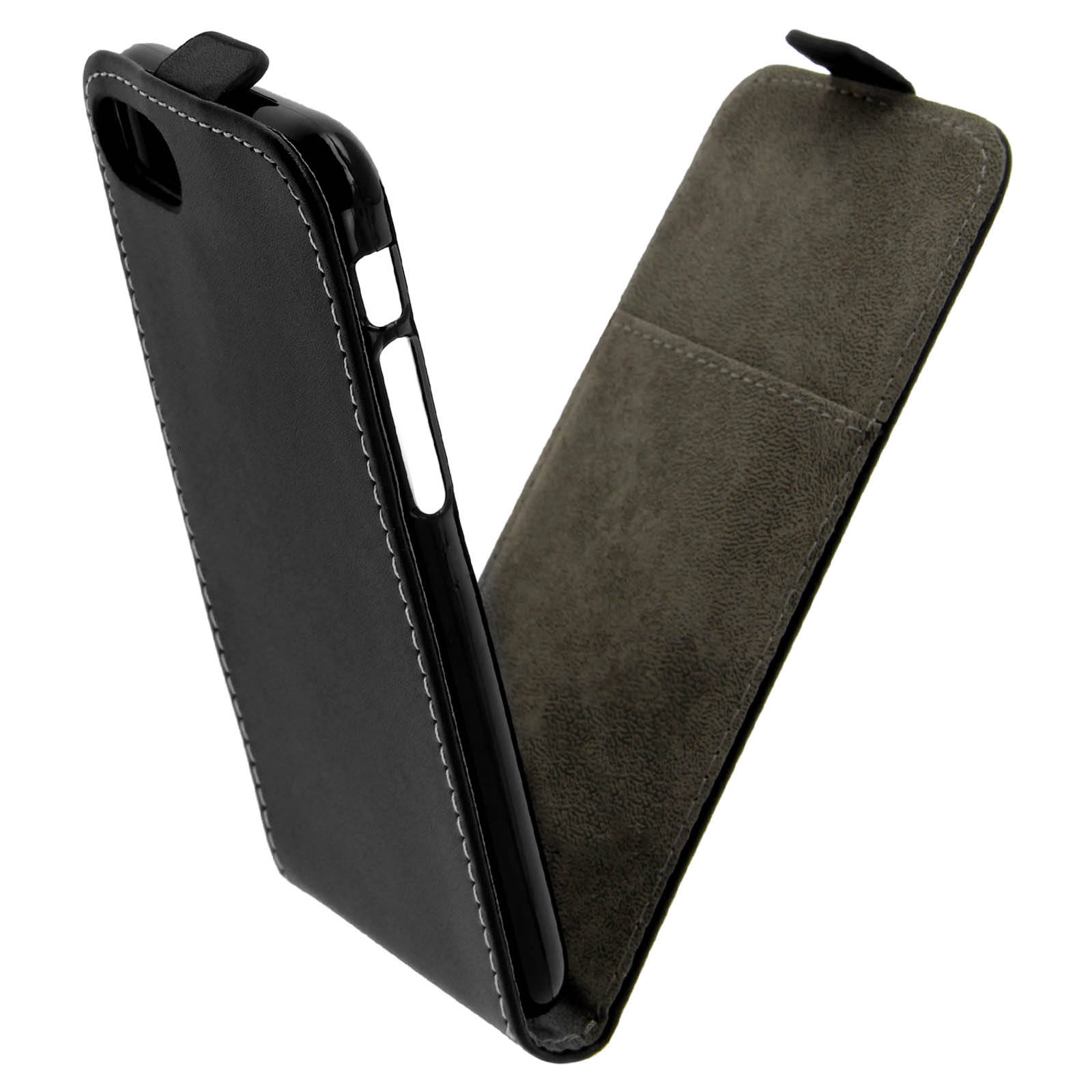 Custodia nera con cover a ribalta. La cover è aperta, mostrando il telefono all'interno.