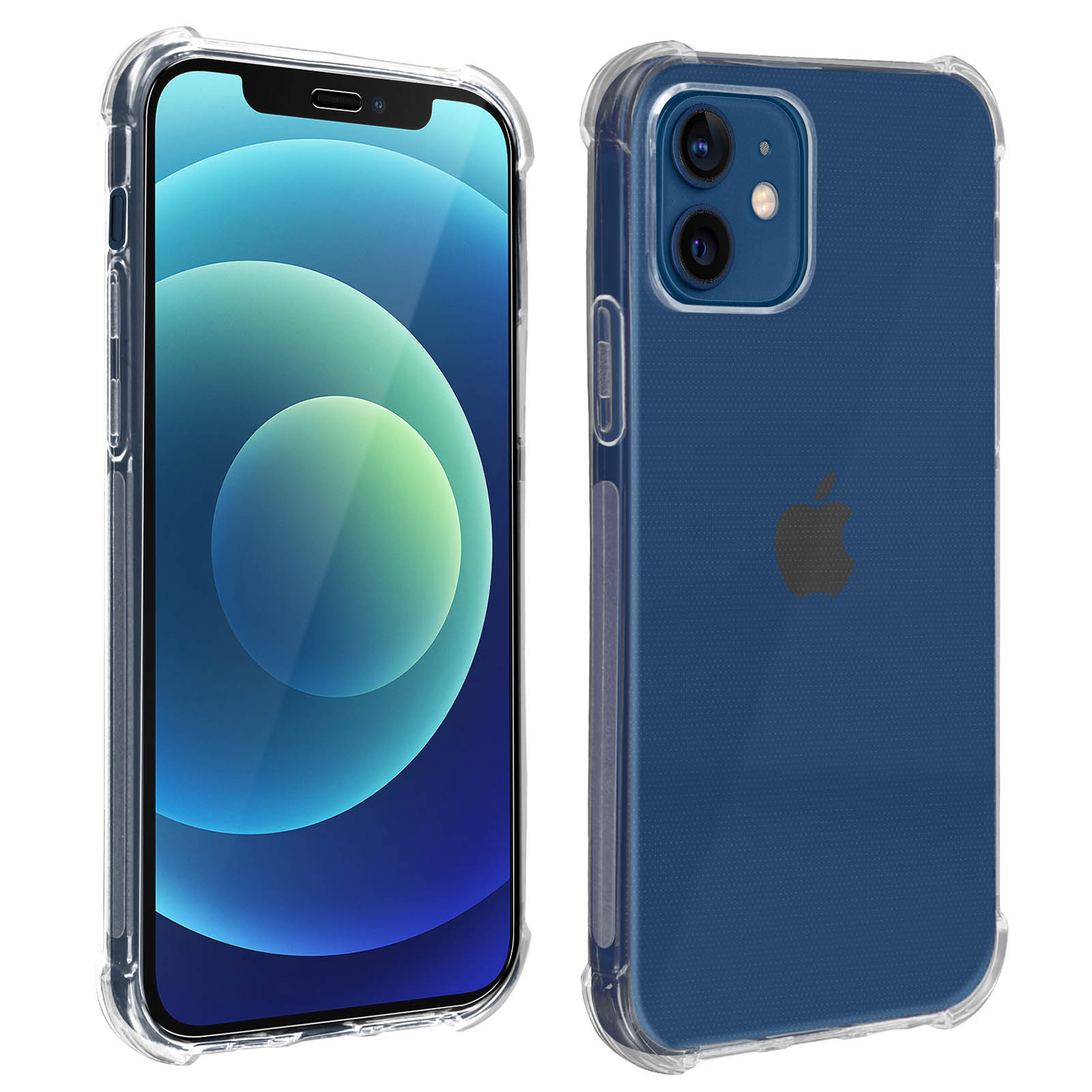 Telefono con custodia trasparente. Il telefono mostra uno schermo blu con una custodia protettiva trasparente.