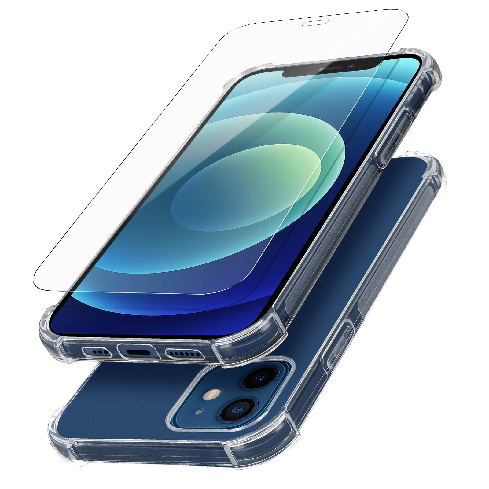 Telefono con protezione schermo e custodia. Il telefono è blu e nero.