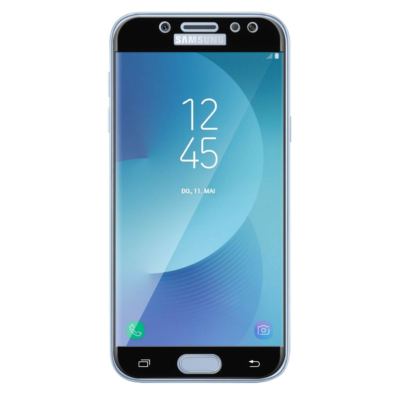 Un smartphone Samsung muestra las 12:45 en su pantalla, con la fecha 'DO, 11. MAI'. La pantalla tiene un degradado azul.